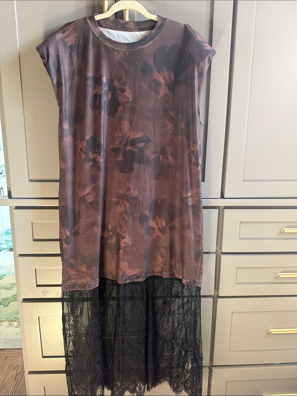 Floral Print Brown & Black Lace Hem Women’s Dress